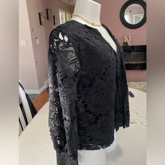 HALOGEN Long Sleeve Lace Top Woman French Style Lace Blouse Black Sz S - Picture 13 of 14